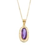 A synthetic sapphire pendant, with 18ct gold chain. The oval-shape synthetic colour change sapphire,