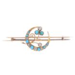 A late Victorian 15ct gold turquoise and diamond brooch. The turquoise and diamond scrolling