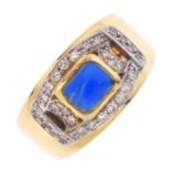 An 18ct gold diamond and gem-set ring. The rectangular-shape blue paste collet, with brilliant-cut