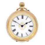 (550540-1-A) An open faced pocket watch. Yellow metal case stamped 18K. Numbered 157589. Unsigned