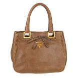 PRADA - a leather bow handbag. Featuring a brown leather body, with gold-tone hardware, rolled