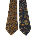 SALVATORE FERRAGAMO - two silk ties. To include one dark blue tie featuring small scenes with