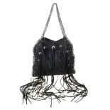 STELLA MCCARTNEY - a black Falabella Shaggy Deer Biker Fringe hobo handbag. Crafted from faux