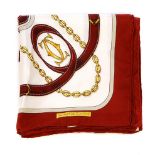 CARTIER - a Must De Cartier silk scarf. Decorated with gold-tone chains and burgundy belts linked