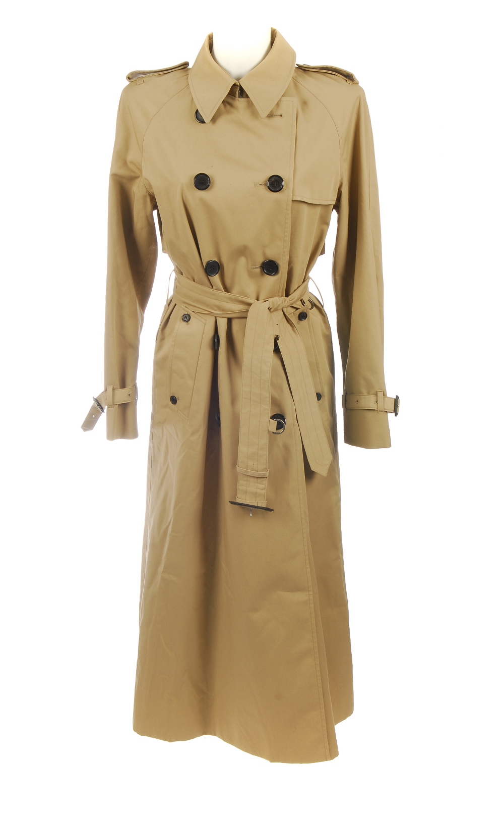 AQUASCUTUM - a woman's classic beige full-length trench coat. Designed with a notched lapel