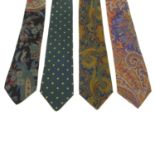 ETRO - four ties. To include three paisley patterned ties, and a green diamond spotted tie. Ties are