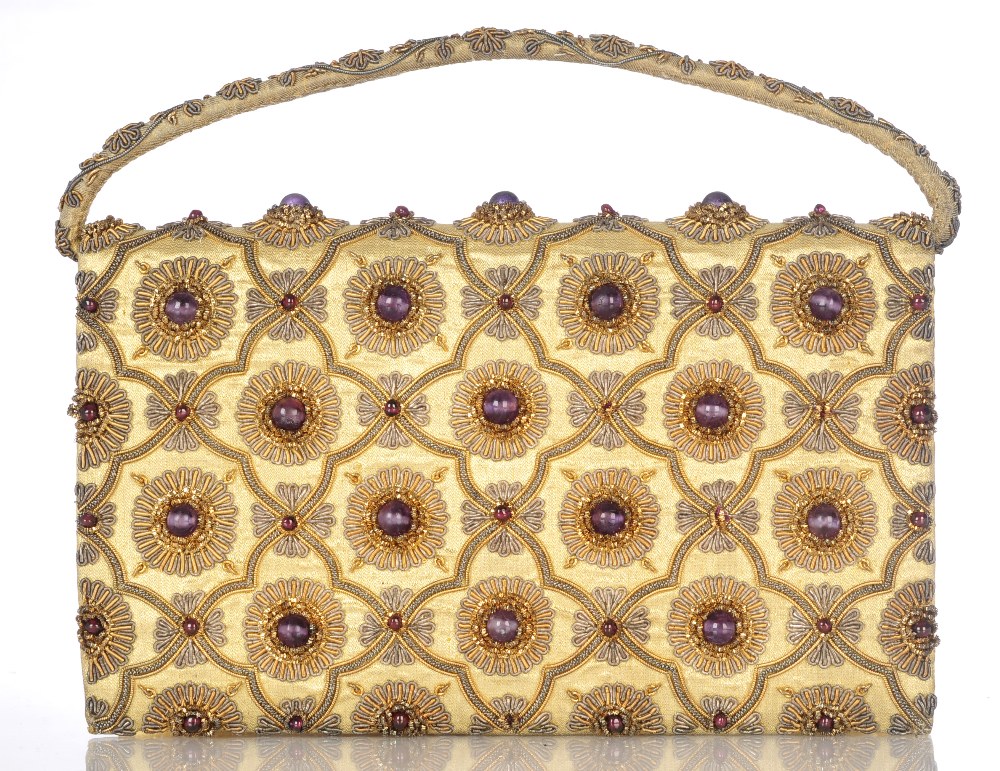 An early 20th century gem-set evening handbag attributed to Van Cleef & Arpels. The gold textile - Image 5 of 10