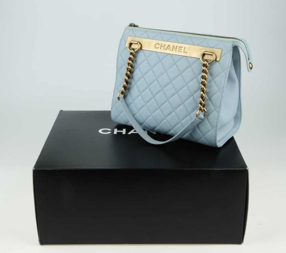 CHANEL - a quilted leather handbag. Designed with a pale blue quilted leather exterior and aged - Image 3 of 11