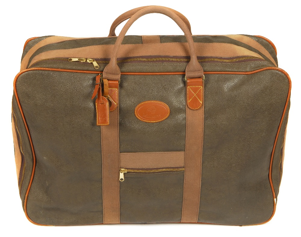 MULBERRY - a vintage Scotchgrain suitcase. Crafted green pebbled scotchgrain leather and brown