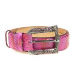 ELLIOT RHODES - a python skin belt. Crafted from pink python skin with subtle metallic detailing,