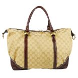 GUCCI - a Horsebit Nail Boston handbag. Crafted from beige GG canvas with maroon leather trim and