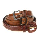 Three designer belts. To include brown textured leather belt by Mulberry, a tan lizard leather