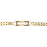 CHANEL - a Coco double chain belt. Designed with a rectangular panel with a pink-gem 'Coco' motif,