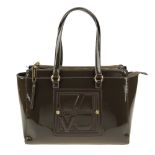 VERSACE JEANS - a brown patent handbag. Featuring a brown polished synthetic leather exterior,