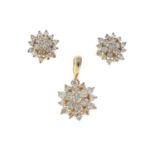 A set of 9ct gold diamond jewellery. To include a pair of brilliant-cut diamond cluster earrings,