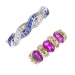 Two diamond and gem-set rings. To include an oval-shape ruby and single-cut diamond dress ring,