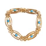 A late Victorian gold reconstituted turquoise gate bracelet. The circular reconstituted turquoise