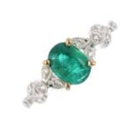 An emerald and diamond dress ring. The oval-shape emerald, with circular-cut diamond trefoil