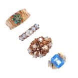 Four gem-set rings. To include a 9ct gold opal cluster ring, a 9ct gold cultured pearl and split
