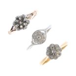 Three early 20th century gold diamond rings. To include two 18ct gold diamond cluster rings,