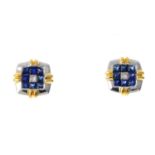 A pair of diamond and sapphire earrings. Each of bi-colour design, the square-shape diamond,