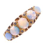 A late Victorian 18ct gold opal and diamond five-stone ring. The graduated circular opal cabochon