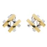 A pair of earrings. Of bi-colour lattice design. Italian marks. Length 2.1cms. Weight 9.3gms.