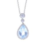 An aquamarine and diamond pendant. The pear-shape aquamarine, with brilliant-cut diamond surround,