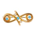 An early 20th century gold turquoise and split pearl brooch. The alternating split pearl and