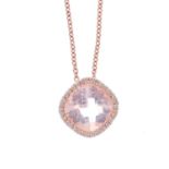 A morganite and diamond pendant. The cushion-shape-morganite, with brilliant-cut diamond surround,