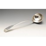 A late George III silver soup ladle, in Fiddle pattern with engraved monogram to terminal,