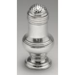 A George II silver bun top pepper caster, of baluster form with banded decoration above a slightly