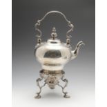 A George II silver tea kettle on stand, the body of inverted pear shape, engraved around the