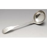 A George III silver sauce ladle, of typical form with initialled terminal with engraved flower,