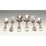 A George IV silver part canteen in Fiddle pattern, comprising eighteen table forks, six dessert