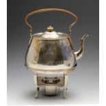 A George III silver tea kettle on stand, the body of plain and tapering oval form with reeded rim