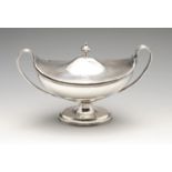 A George III silver sauce tureen and cover, the oval pedestal form with reeded borders and twin loop