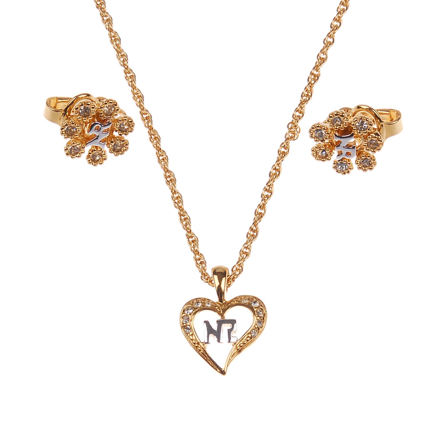 NINA RICCI - a pendant and a pair of ear clips. Designed as a gold-tone heart shaped rhinestone