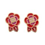 CHANEL - a pair of enamel earrings. Each designed as a red and pink enamel flower, with the CC