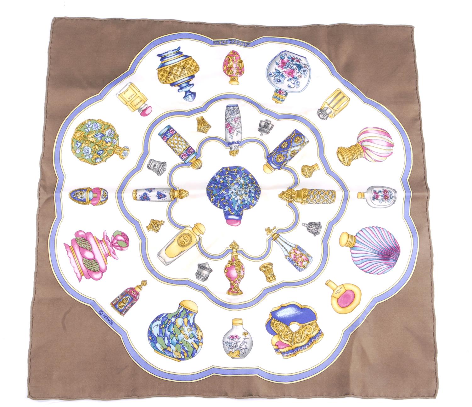 HERMÈS - a small 'Perfume Bottles' scarf. Featuring assorted antique perfume bottles printed - Image 2 of 2