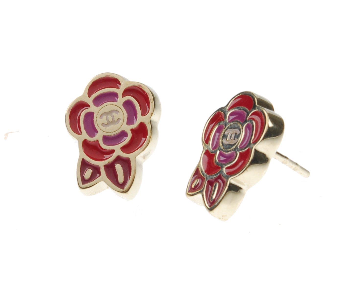 CHANEL - a pair of enamel earrings. Each designed as a red and pink enamel flower, with the CC - Image 3 of 3