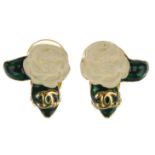 CHANEL - a pair of ear clips. Each designed as a white camellia flower with two green leaves and a