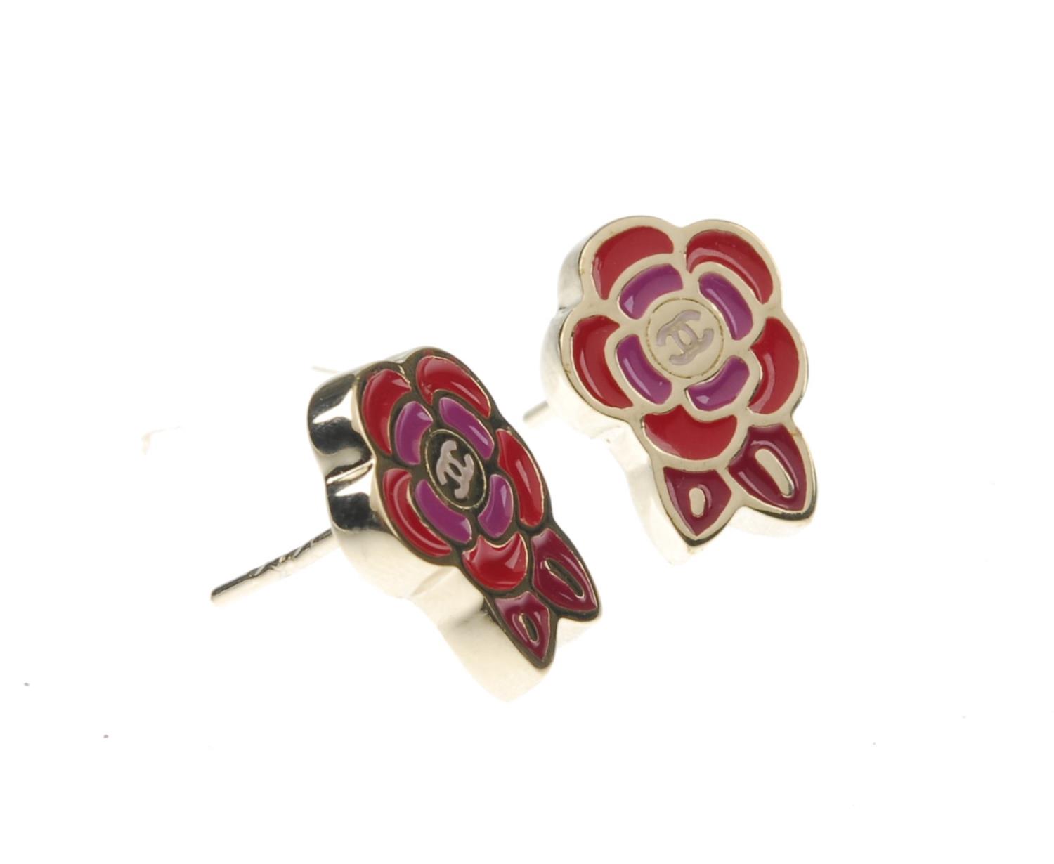 CHANEL - a pair of enamel earrings. Each designed as a red and pink enamel flower, with the CC - Image 2 of 3