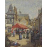 An early 20th century oil on board, street scene with figures gathered to the fore, 17.25 x 14.5 (