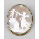 A Neapolitan-style cameo brooch. Of oval form depicting Cupid and Psyche, the latter offering a