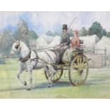 D J Smith, watercolour, showground scene with figures of an elegantly dressed male and female riding