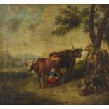 An early 19th century Dutch oil painting on canvas, milkmaid and cattle, 12.25 x 13.25 (31cm x 33.