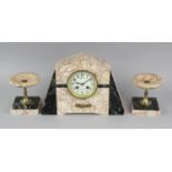 An Art Deco marble three-piece clock garniture. The 3.5-inch cream Arabic dial inscribed P. METIER A