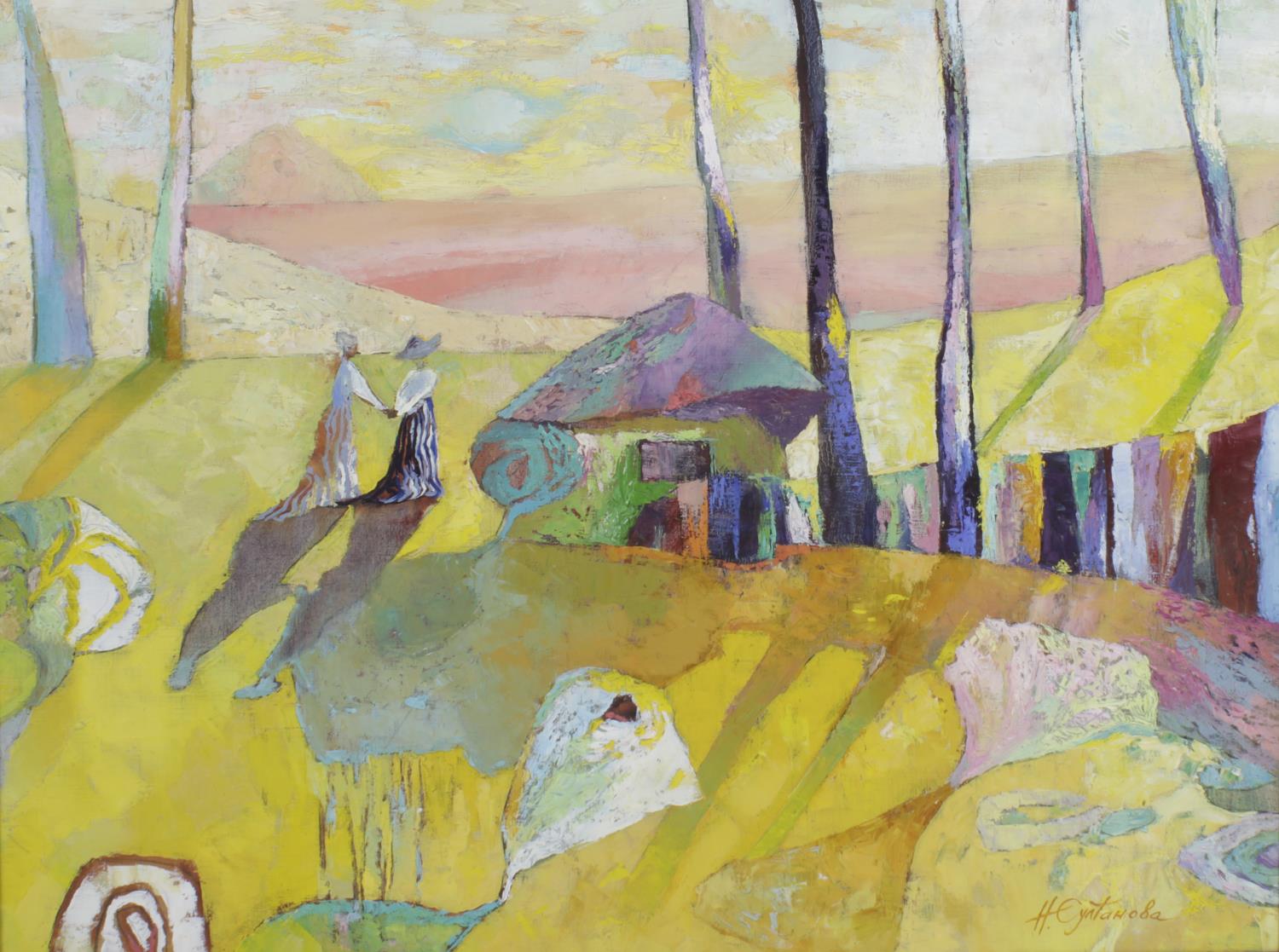 ARR Natalya Sultanova, (modern), 'The Meeting', two figures in a landscape, oil on canvas, signed in