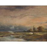 Dutch School, (early 19th century), A pastoral landscape with cattle and figure before a windmill,